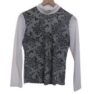 Bogner Womens White Navy Floral Long Sleeve High Neck Top